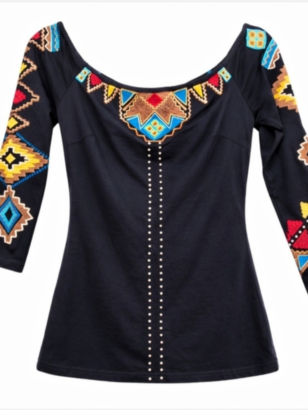 Vintage Southwestern Embroidered Beaded Western Top XS Musketeer Aztec Boho - Picture 2 of 9